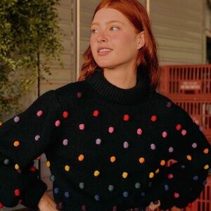 FARM Rio Rainbow Pom-Pom Chunky Knit Black Balloon Sleeve Sweater size L